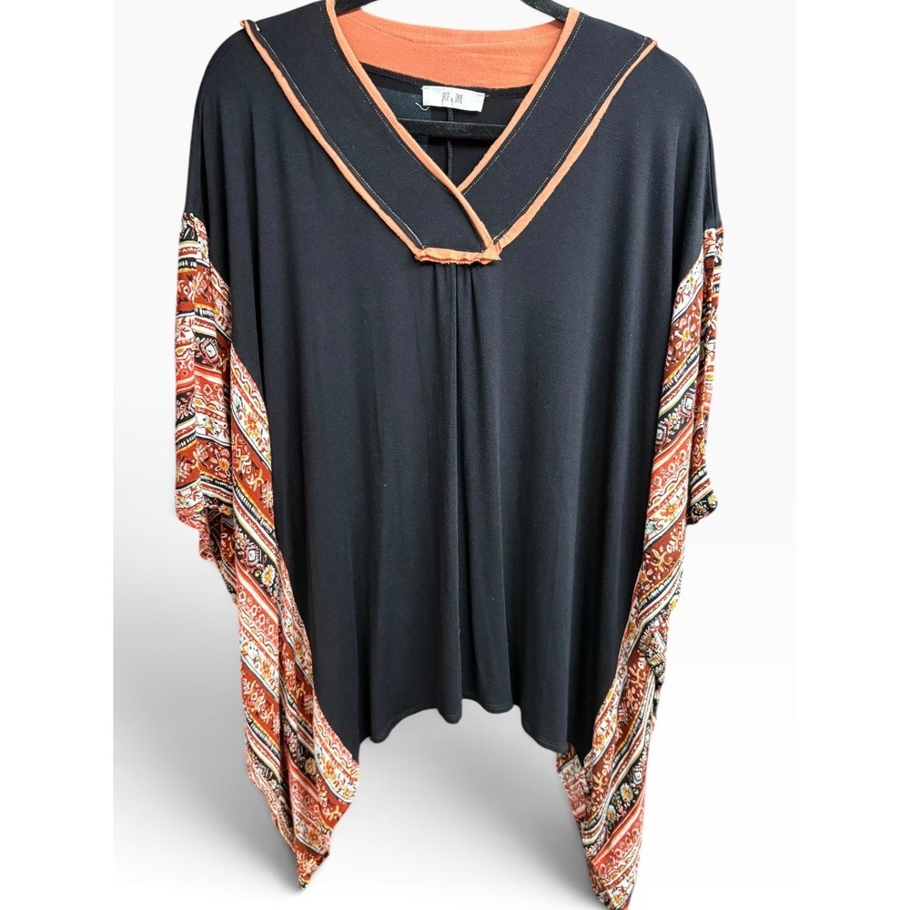 Jade by Jane Womens Boho Poncho Top Black Orange Border Print One Size